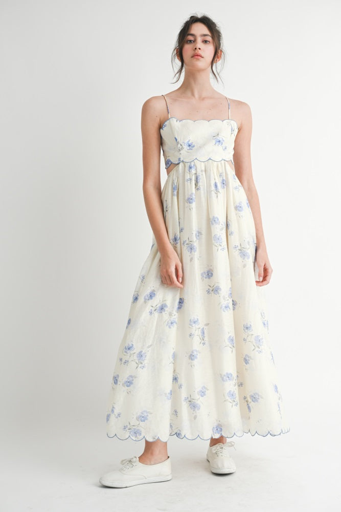 Blue Floral Scallop Edge Back Cutout Maternity Maxi Dress