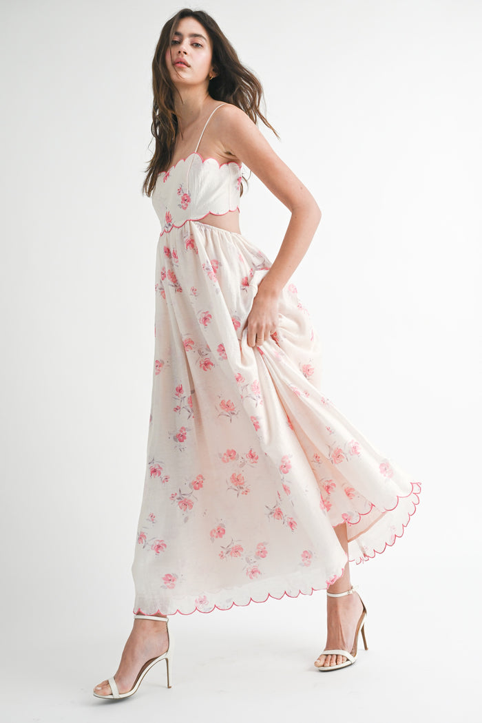 Pink Floral Scallop Edge Back Cutout Maxi Dress