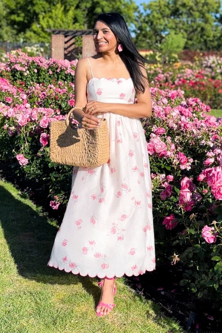 Pink Floral Scallop Edge Back Cutout Maxi Dress