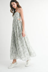 Light Sage Floral Scallop Edge Back Cutout Maxi Dress
