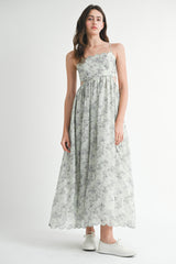 Light Sage Floral Scallop Edge Back Cutout Maxi Dress
