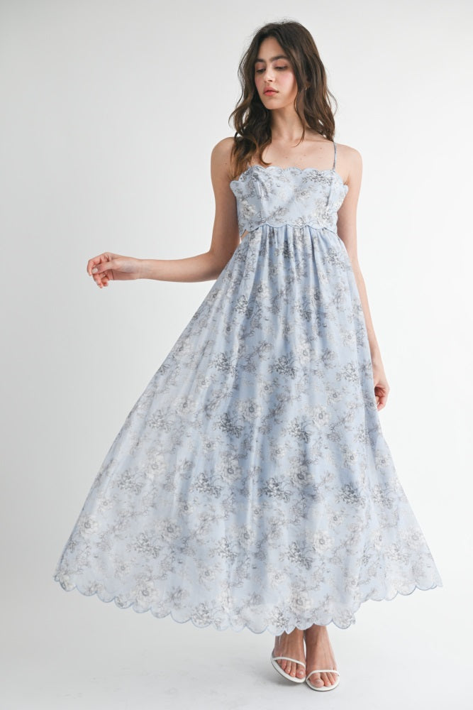 Blue Floral Scallop Edge Back Cutout Maternity Maxi Dress