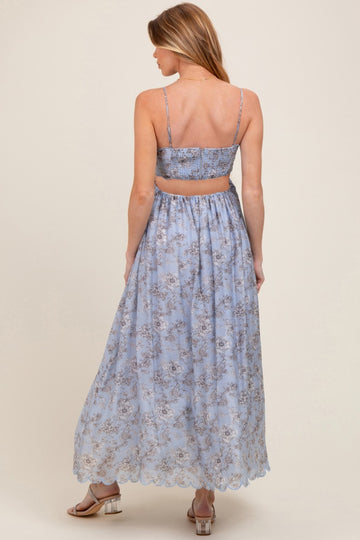 Blue Floral Scallop Edge Back Cutout Maternity Maxi Dress