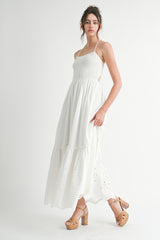 White Smocked Open Back Lace Hem Maxi Dress