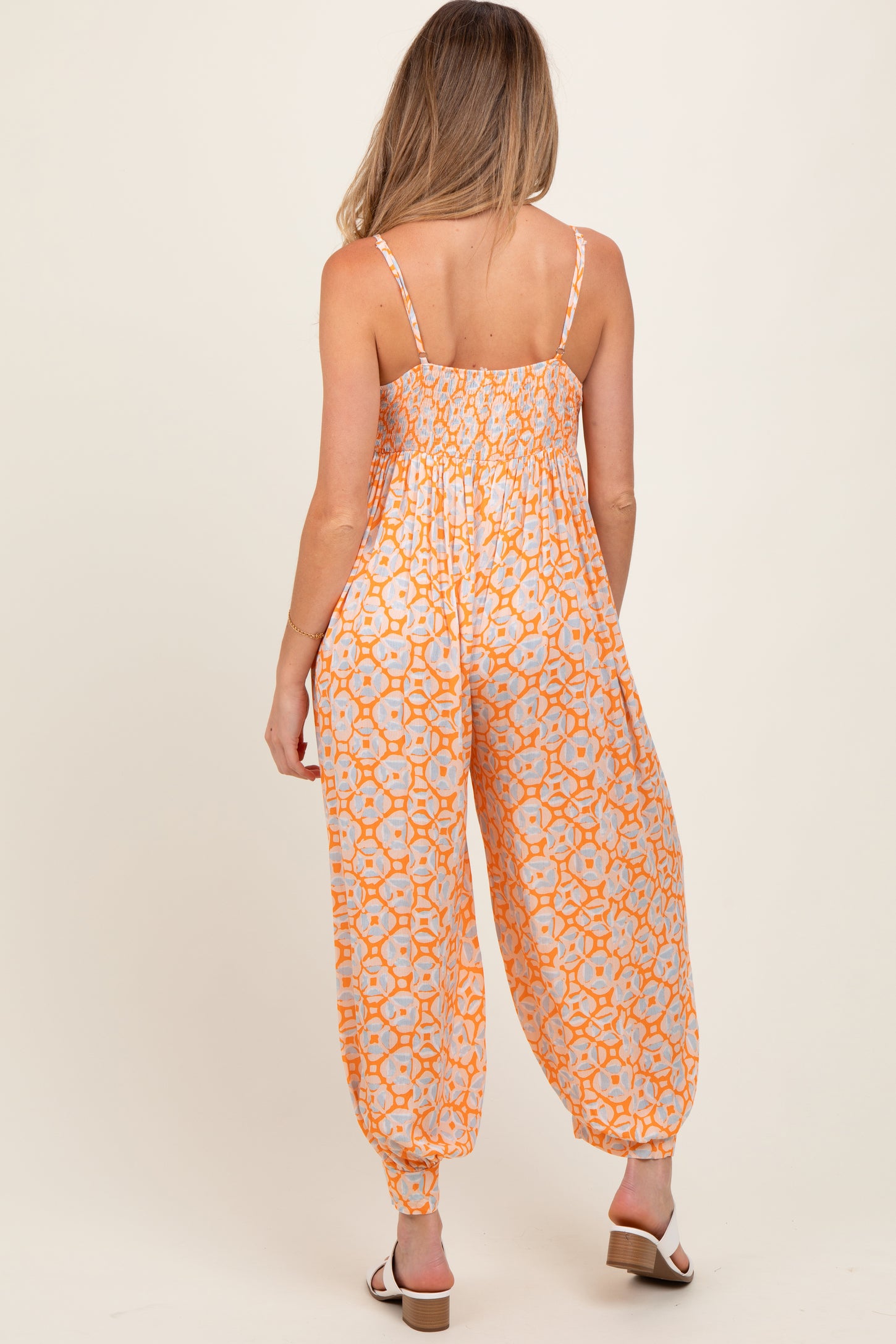 Peach Printed Button Detail Maternity Jumpsuit