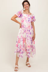 Purple Tie Dye Lace Puff Sleeve Maternity Midi Dress