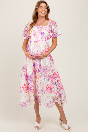 Purple Tie Dye Lace Puff Sleeve Maternity Midi Dress
