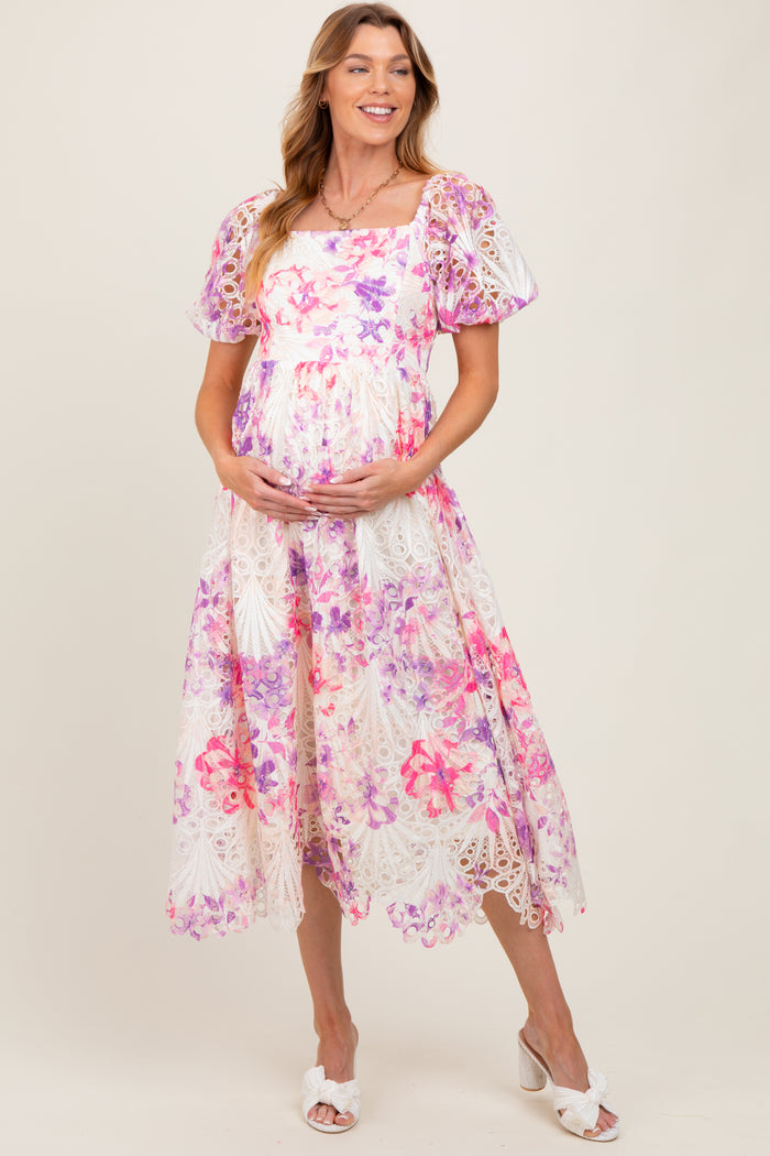 Purple Tie Dye Lace Puff Sleeve Maternity Midi Dress