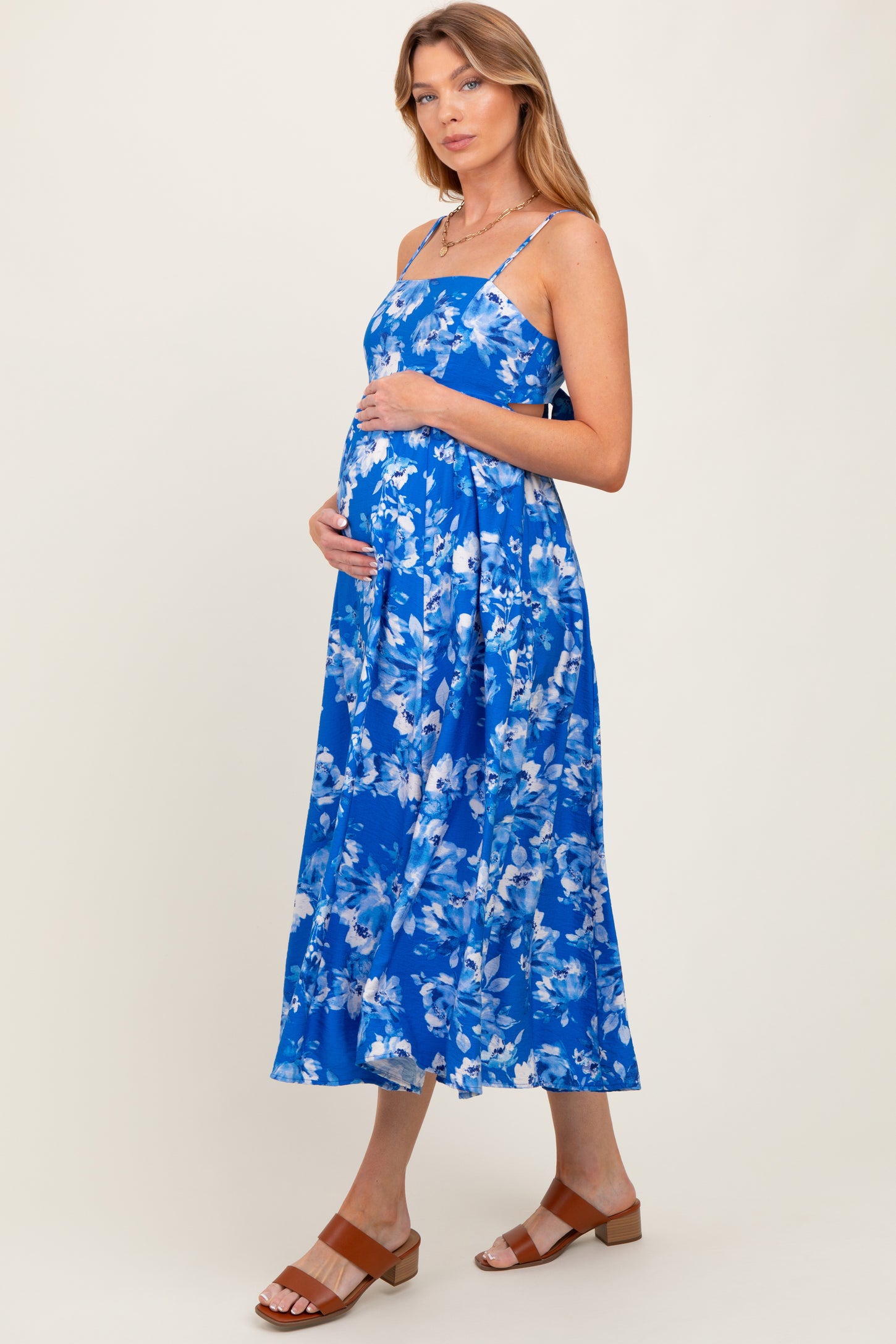Royal Blue Floral Tie Back Cutout Maternity Midi Dress