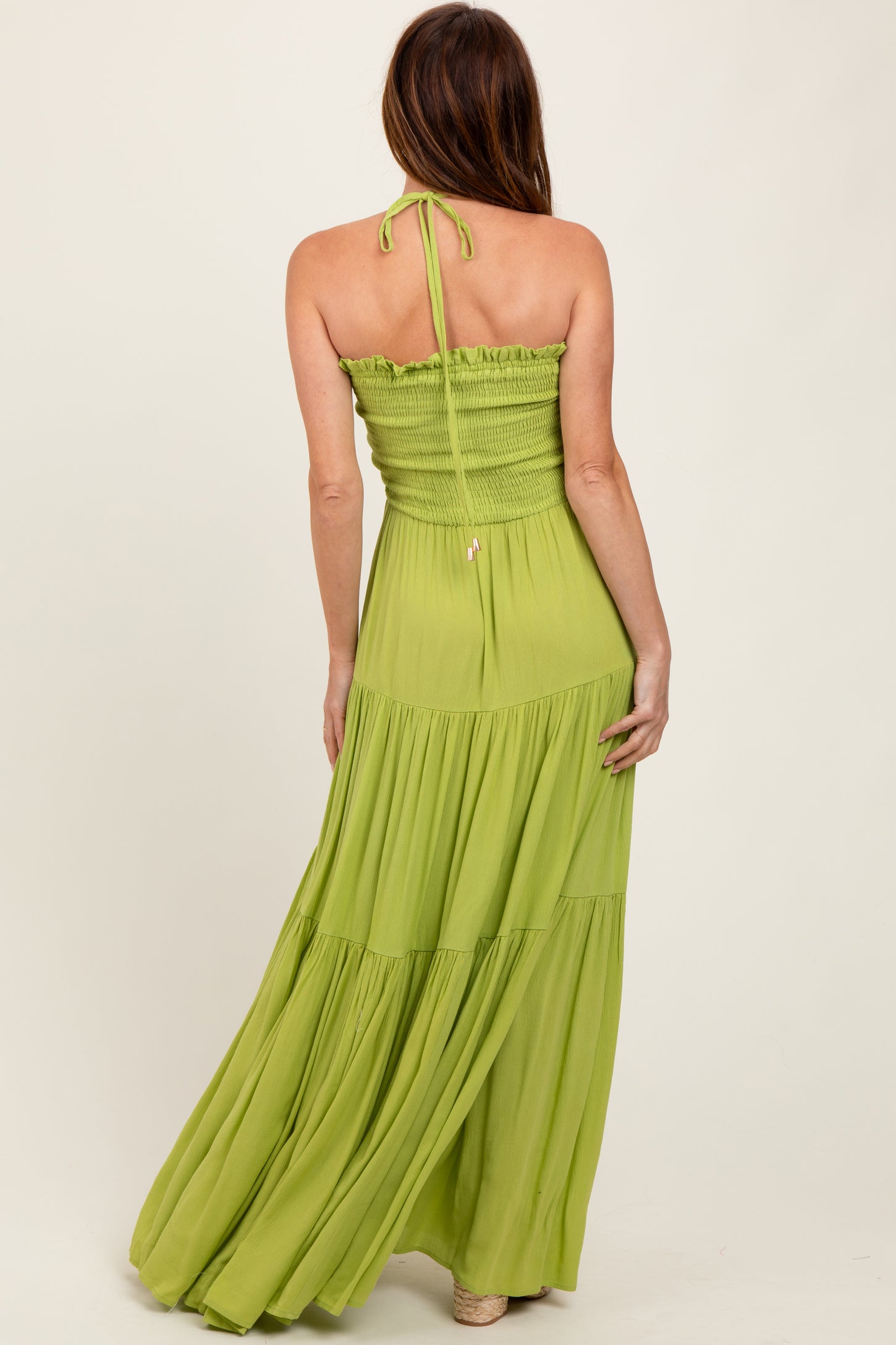 Lime Smocked Halter Tiered Maxi Dress