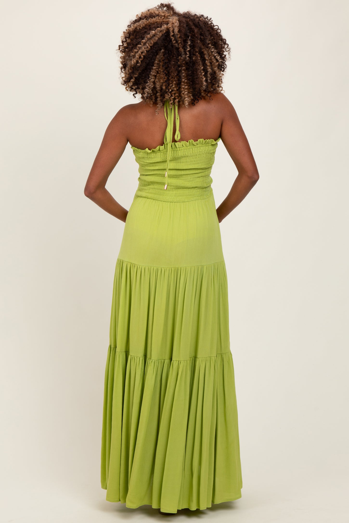 Lime Smocked Halter Tiered Maternity Maxi Dress