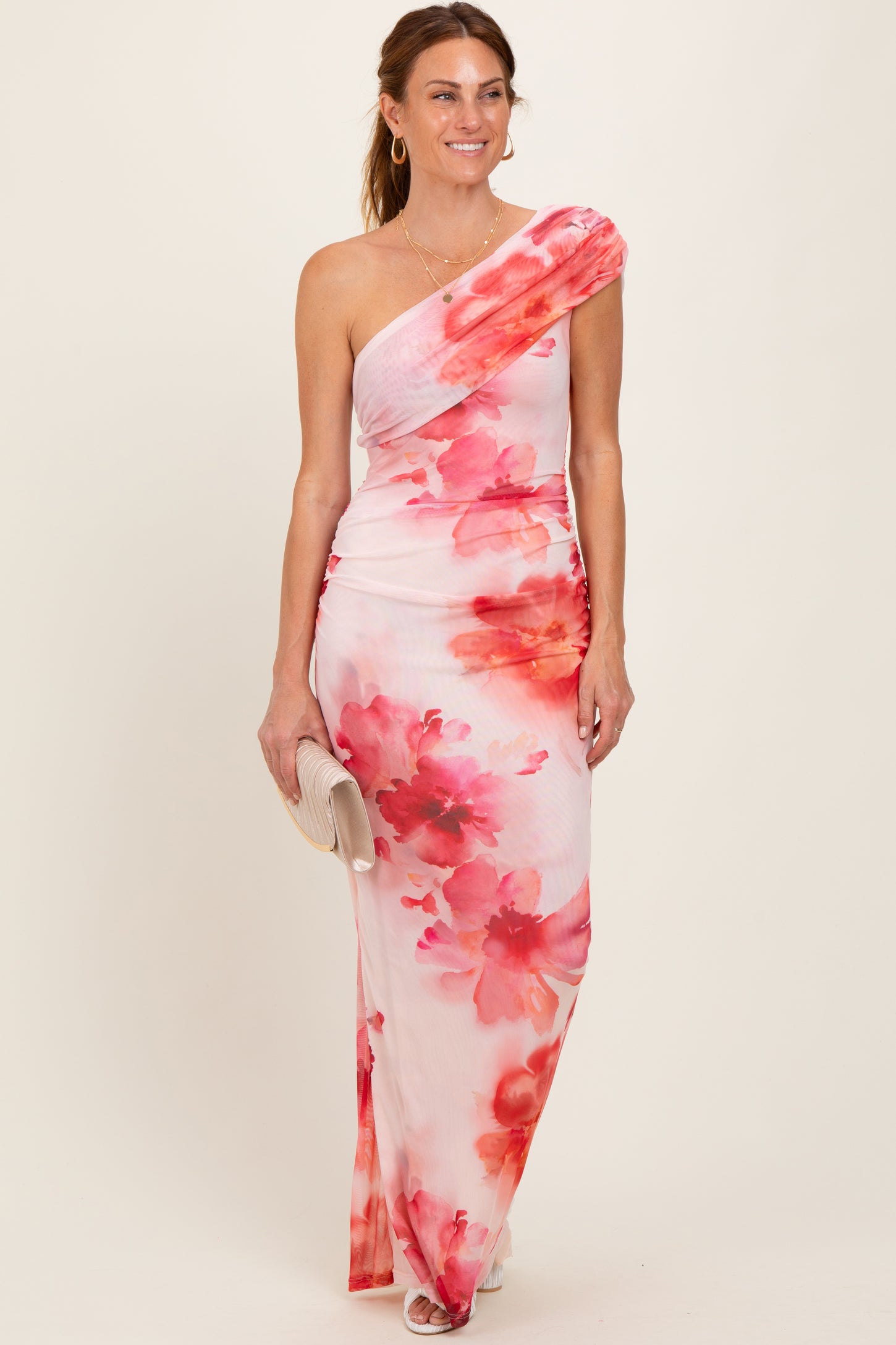 Light Pink Floral One Shoulder Ruched Maxi Dress