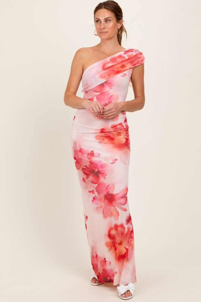 Light Pink Floral One Shoulder Ruched Maternity Maxi Dress