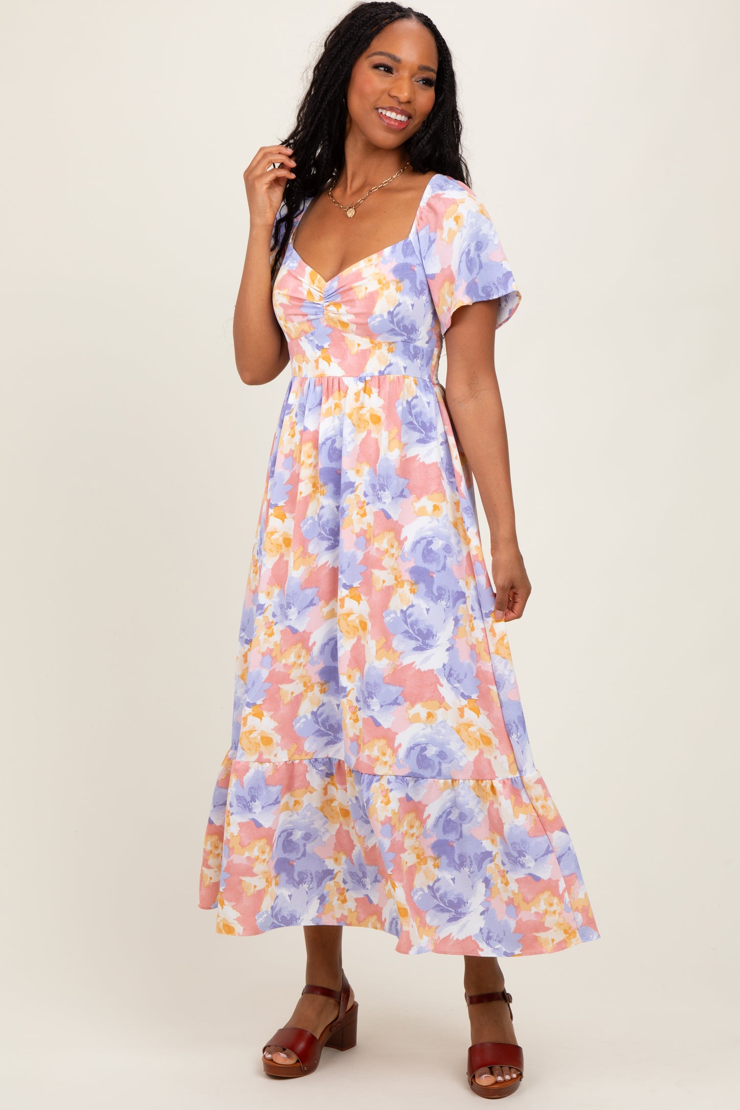 Coral/Purple Floral Flare Sleeve Tiered Maternity Maxi Dress