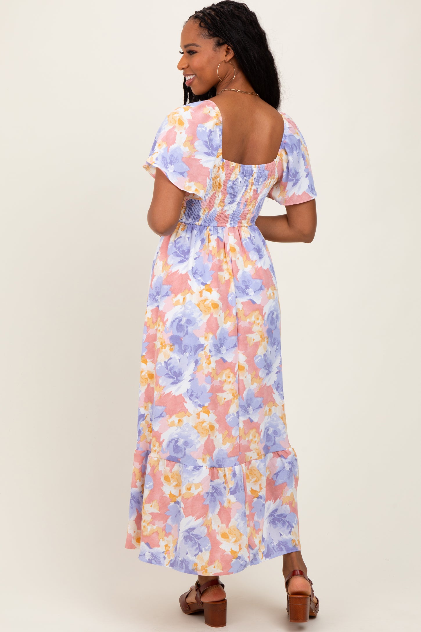 Coral/Purple Floral Flare Sleeve Tiered Maxi Dress