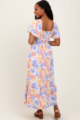 Coral/Purple Floral Flare Sleeve Tiered Maxi Dress