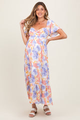 Coral/Purple Floral Flare Sleeve Tiered Maternity Maxi Dress
