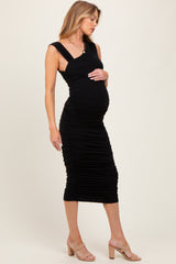 Black Asymmetrical Neckline Ruched Maternity Midi Dress