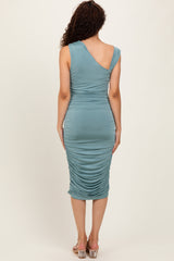 Light Olive Asymmetrical Neckline Ruched Midi Dress