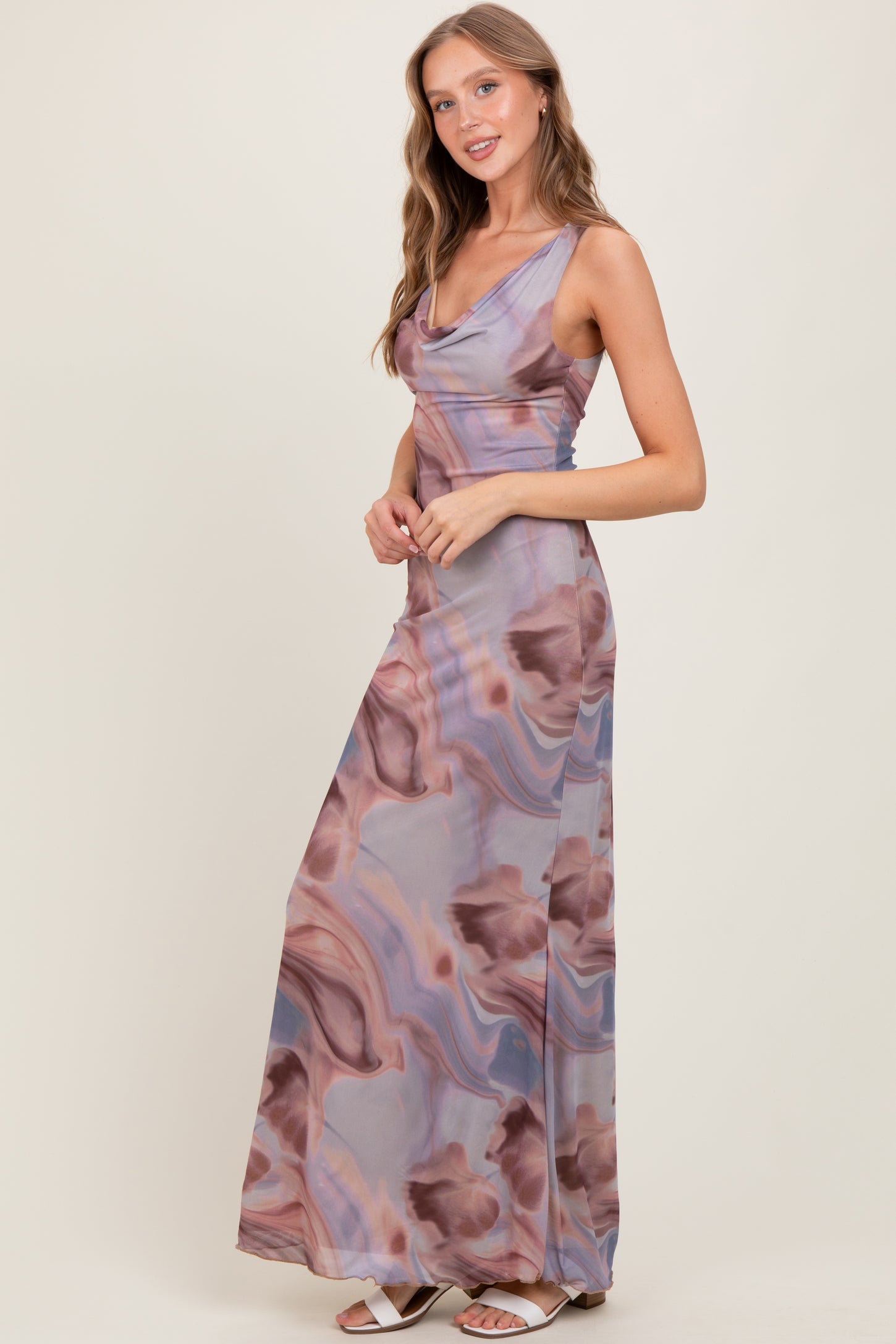 Mauve Watercolor Draped Neck Maxi Dress
