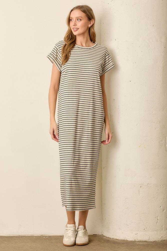 Black Striped Maternity Midi T-Shirt Dress