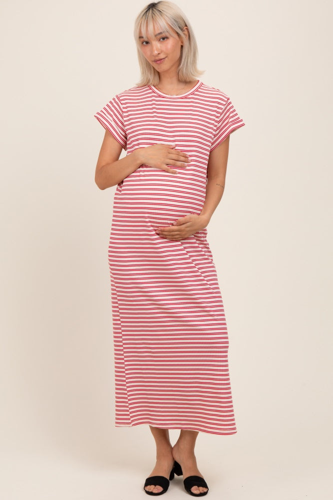 Red Striped Maternity Midi T-Shirt Dress