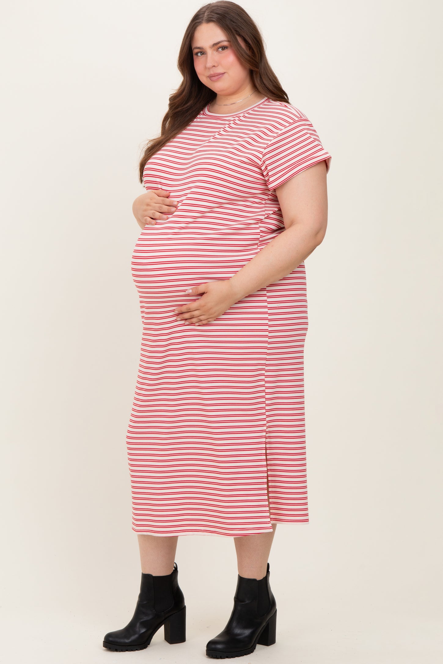 Red Striped Maternity Plus Midi T-Shirt Dress