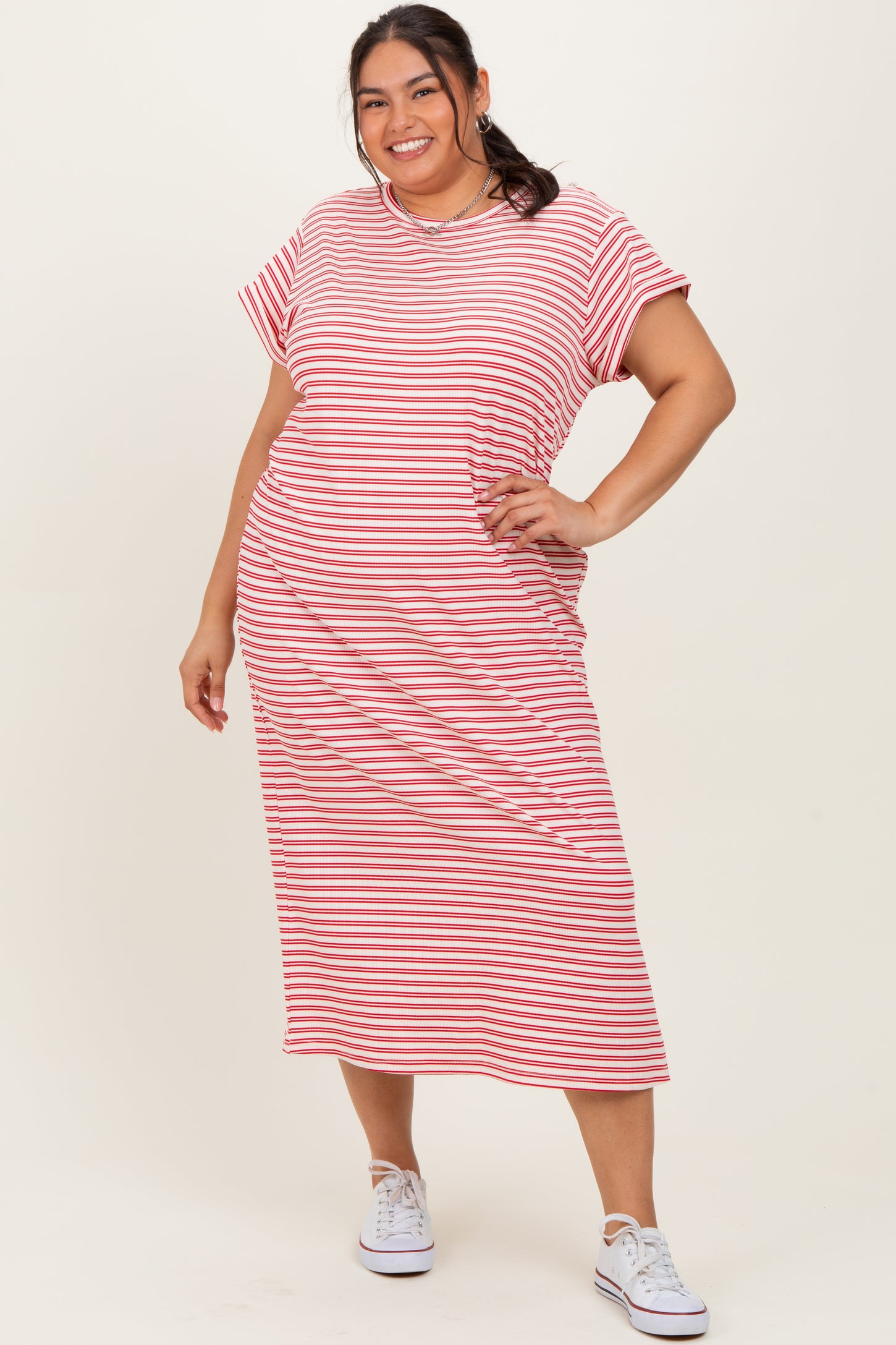 Red Striped Maternity Plus Midi T-Shirt Dress