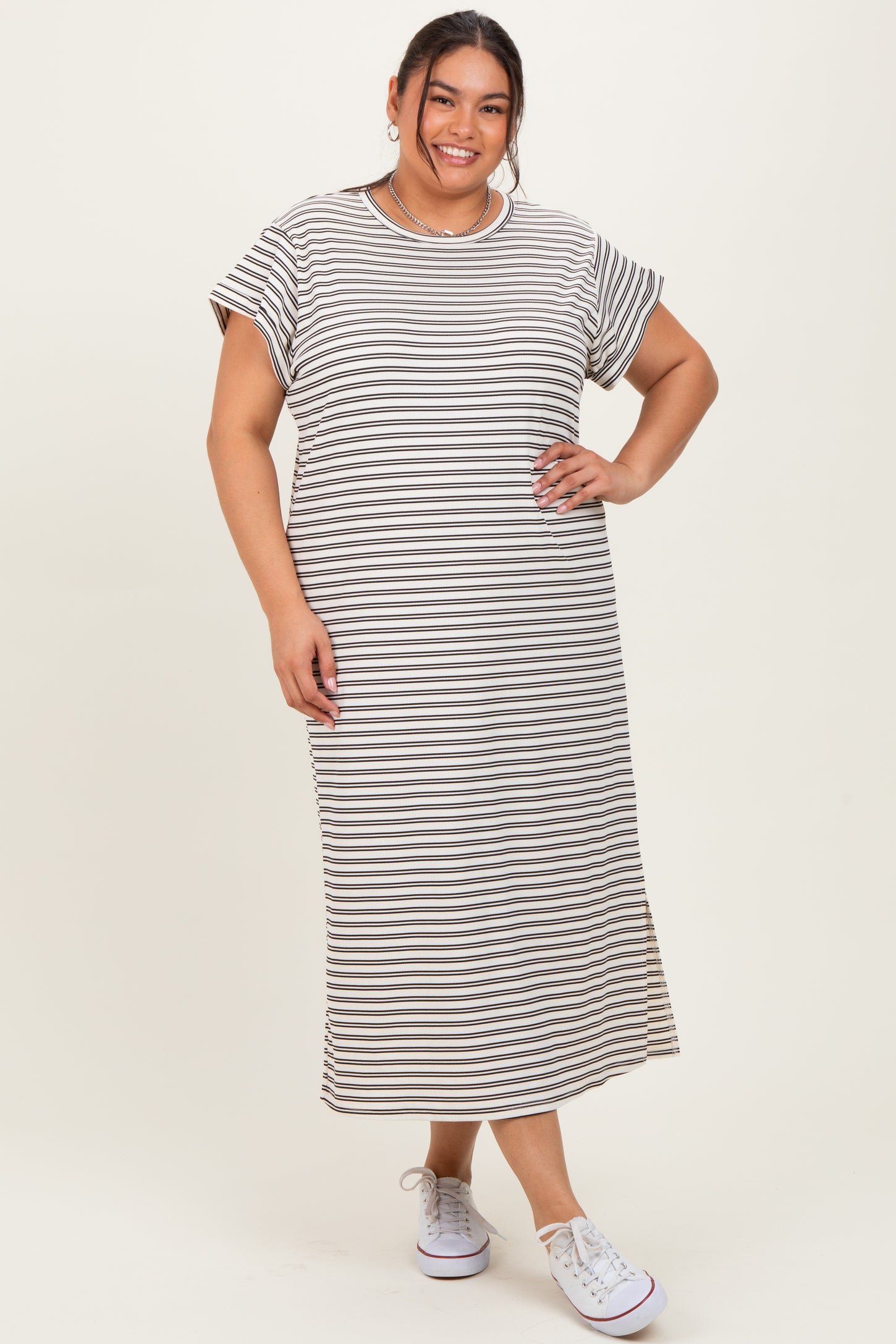 Black Striped Maternity Plus Midi T-Shirt Dress