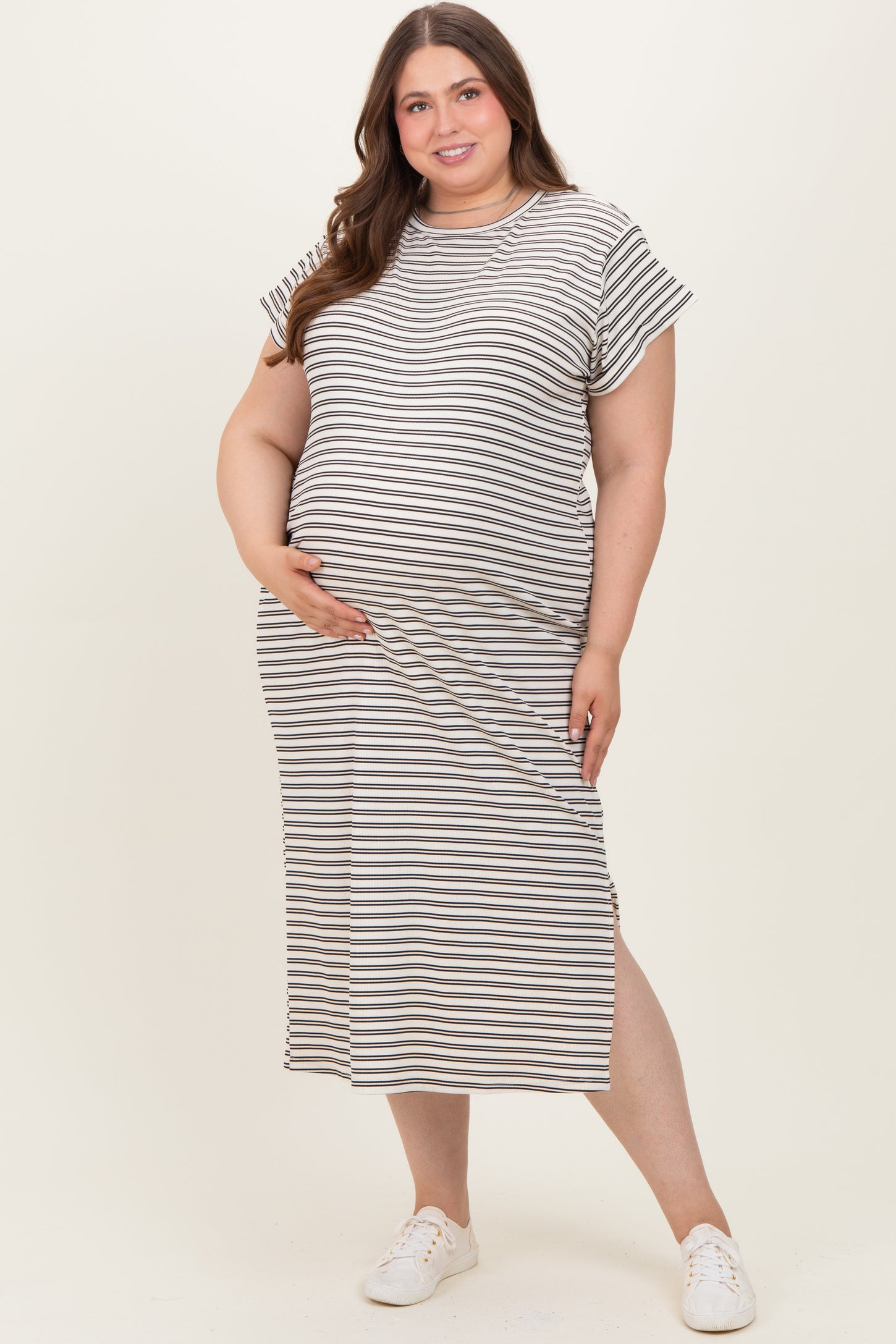Black Striped Maternity Plus Midi T-Shirt Dress