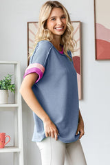 Blue Ribbed Colorblock Detail Short Sleeve Top