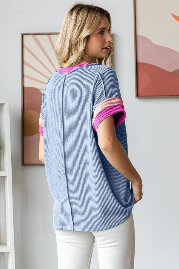 Blue Ribbed Colorblock Detail Short Sleeve Top