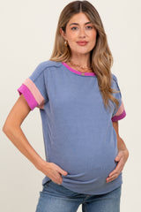 Blue Ribbed Colorblock Detail Maternity Short Sleeve Top