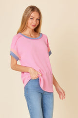 Pink Ribbed Colorblock Detail Short Sleeve Top