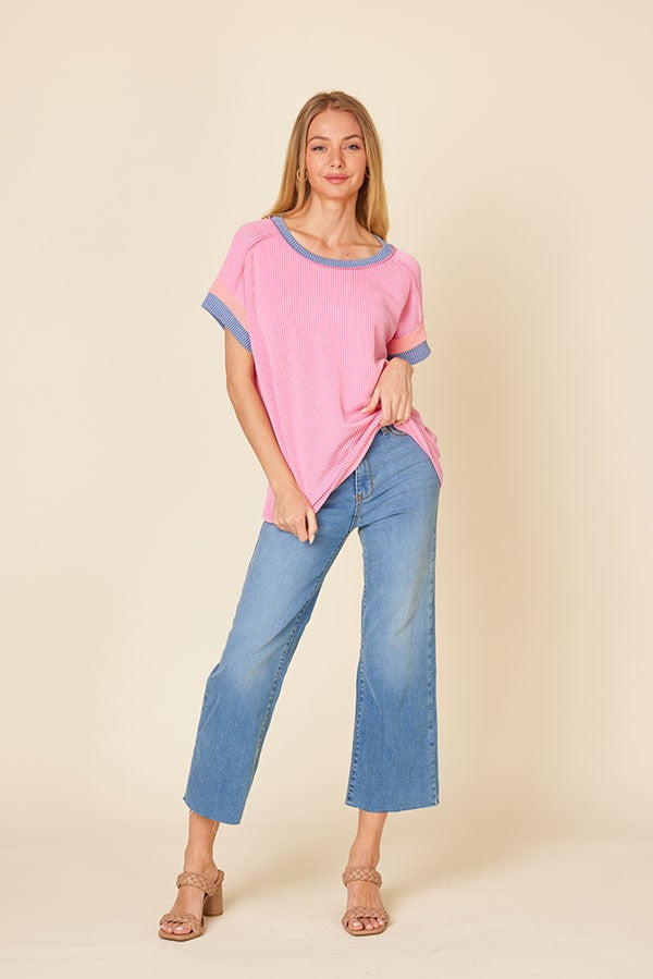 Pink Ribbed Colorblock Detail Short Sleeve Top
