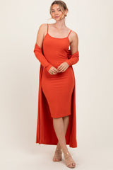 Orange Ribbed Cardigan 2 Piece Set