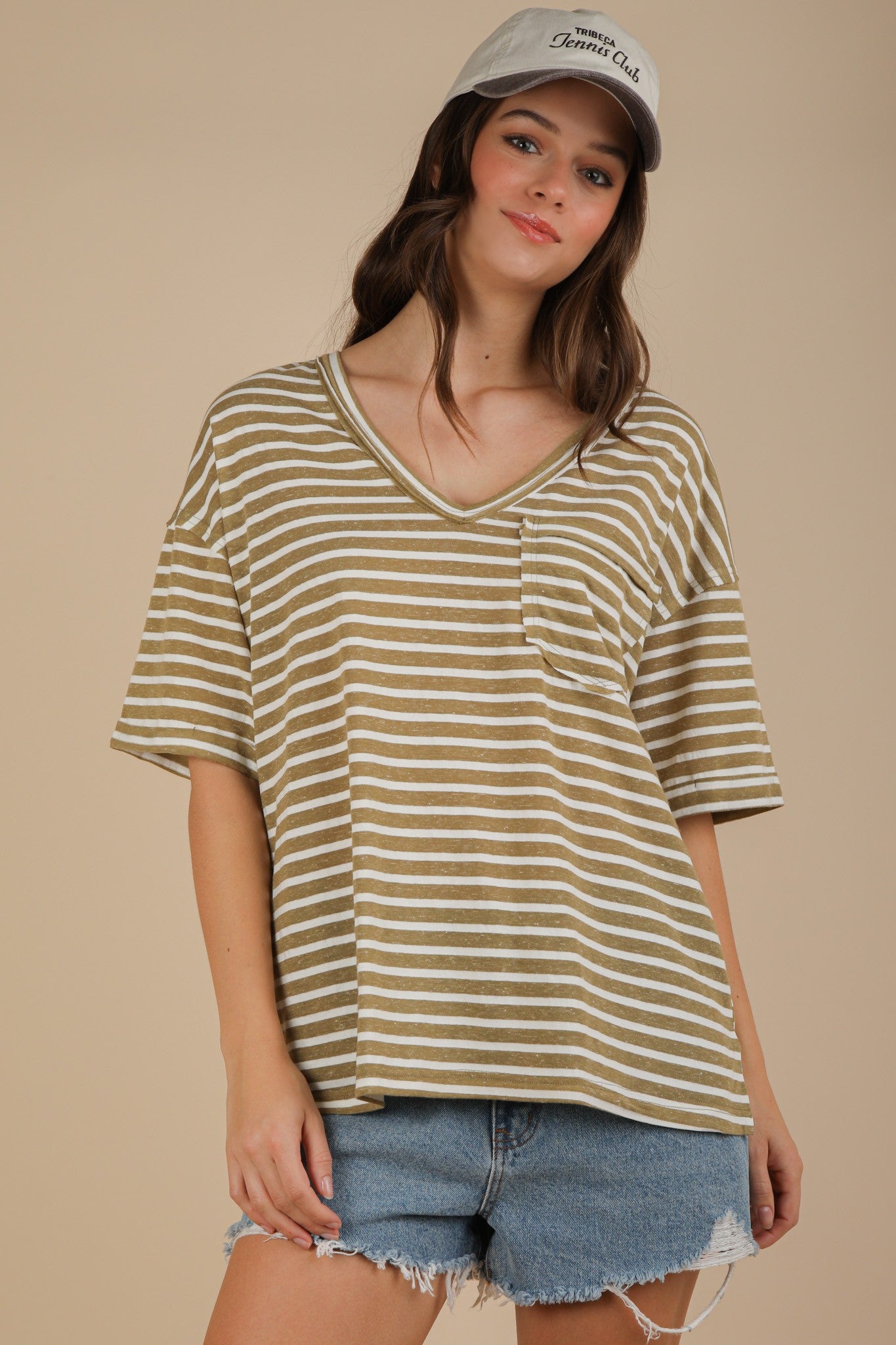Olive Striped Oversized V-Neck Front Pocket T-Shirt