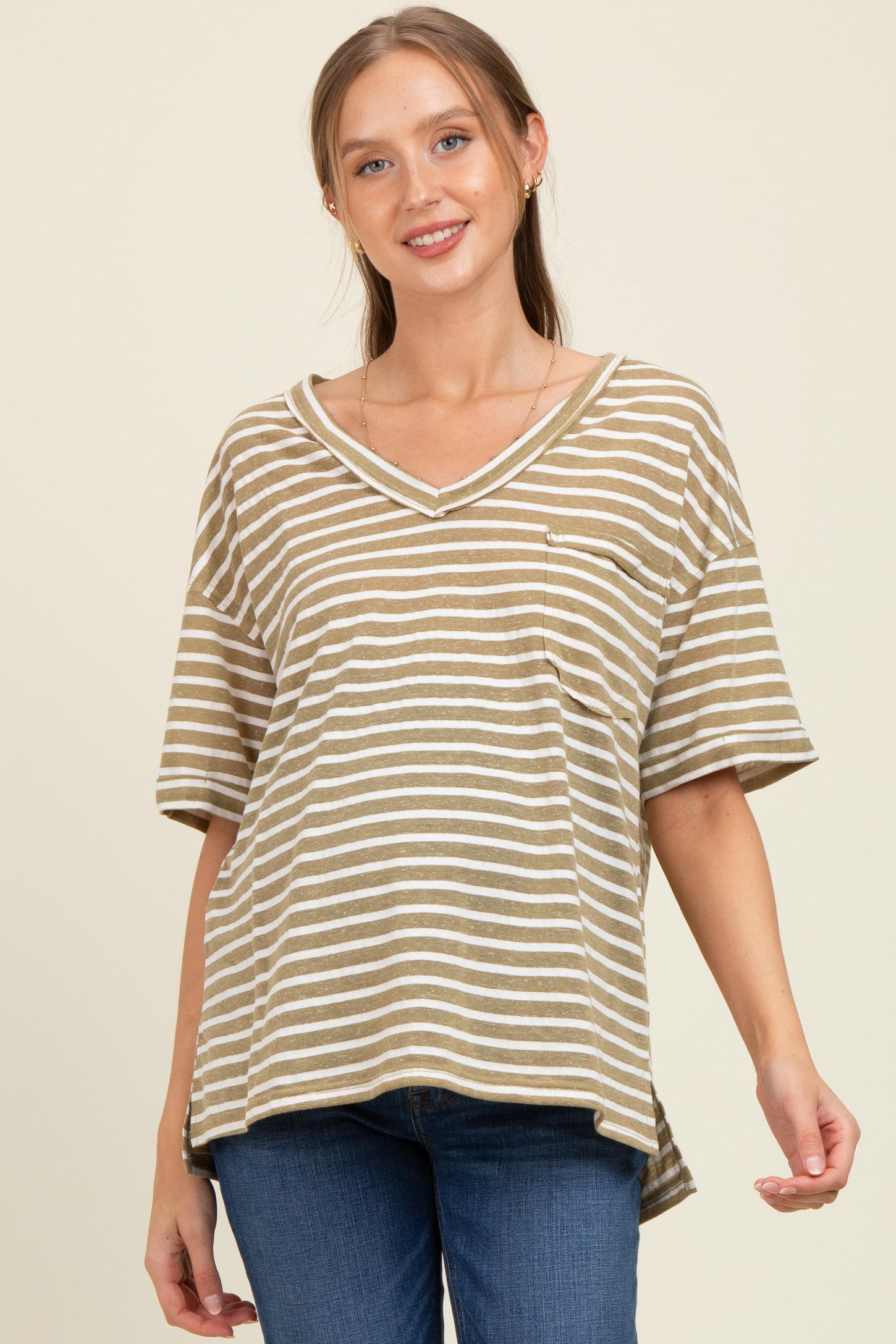 Olive Striped Oversized V-Neck Front Pocket Maternity T-Shirt