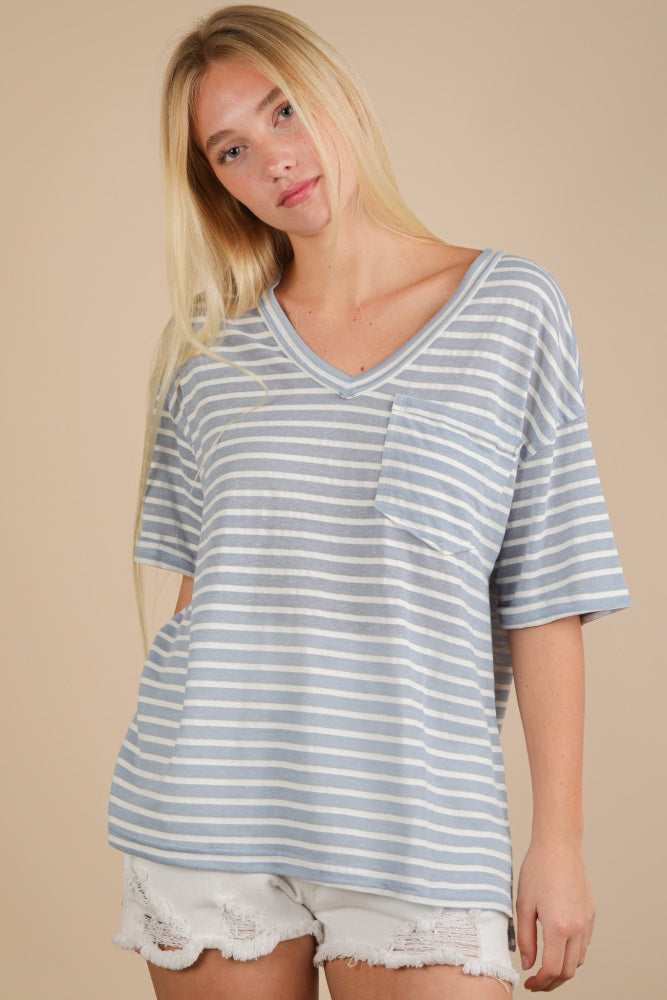 Blue Striped Oversized V-Neck Front Pocket T-Shirt
