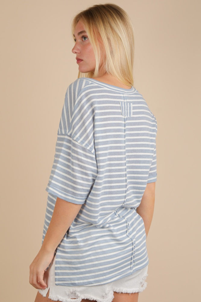 Blue Striped Oversized V-Neck Front Pocket T-Shirt