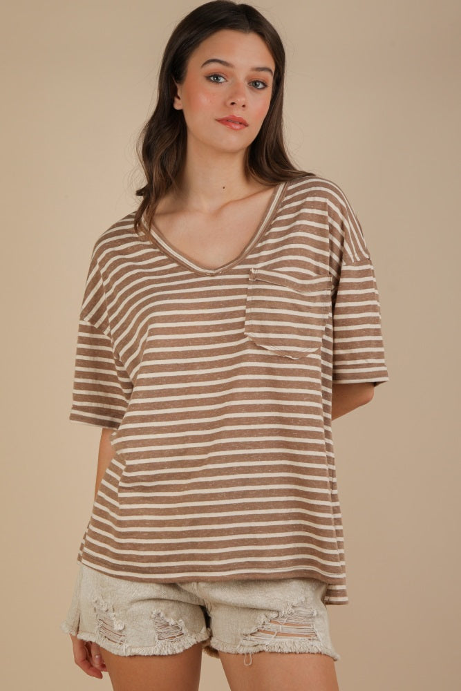 Mocha Striped Oversized V-Neck Front Pocket Maternity T-Shirt