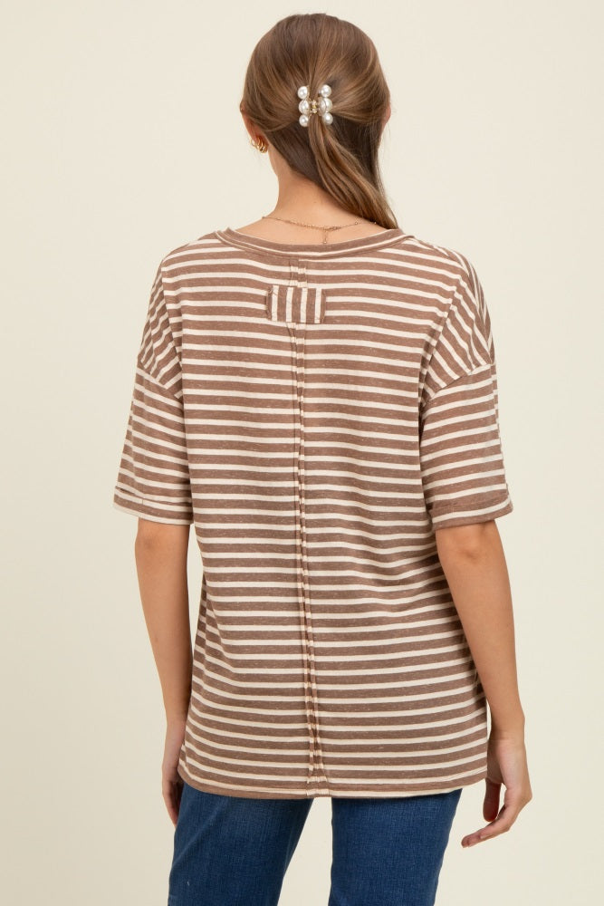 Mocha Striped Oversized V-Neck Front Pocket Maternity T-Shirt