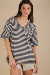 Navy Striped Oversized V-Neck Front Pocket Maternity T-Shirt