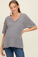 Navy Striped Oversized V-Neck Front Pocket Maternity T-Shirt