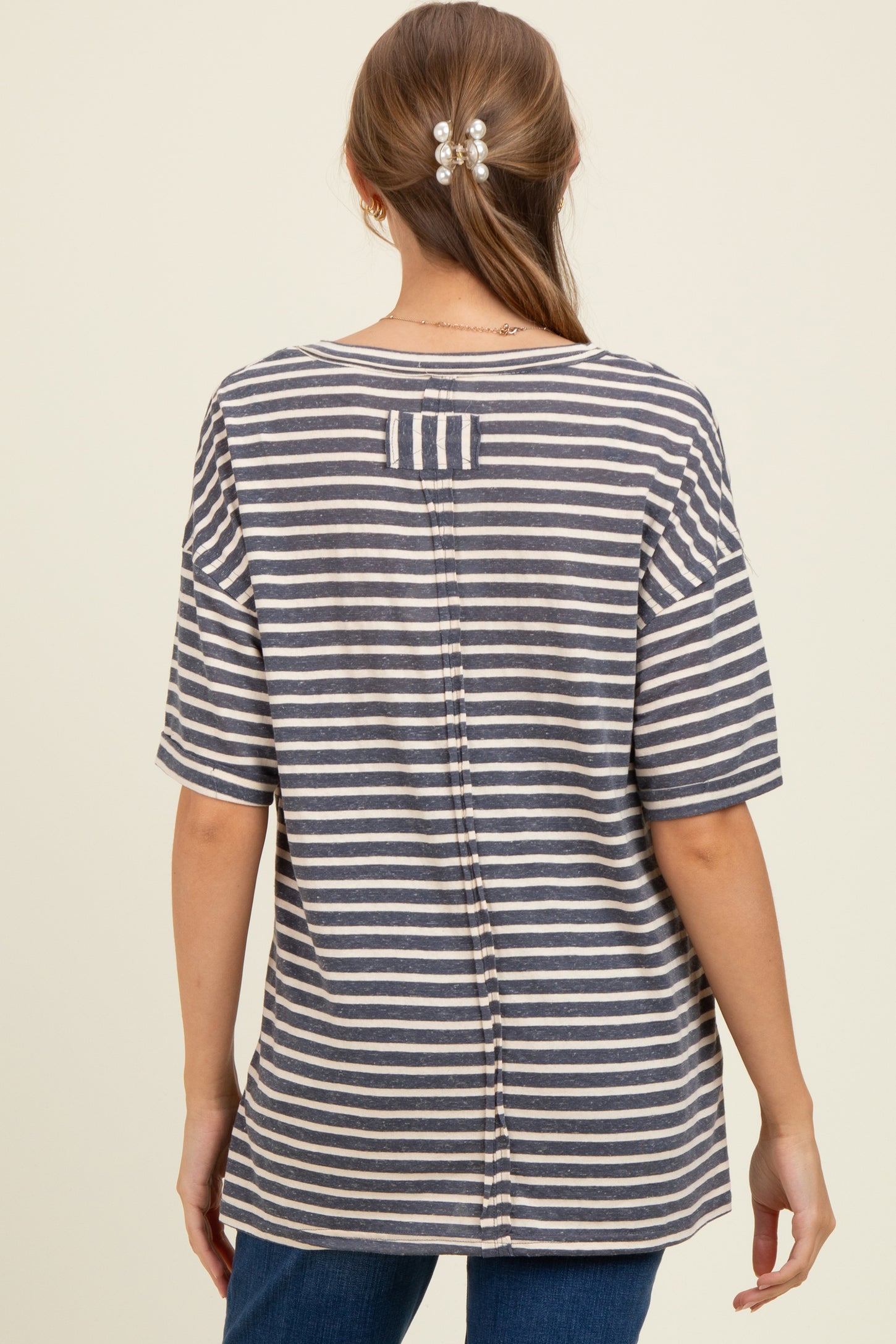 Navy Striped Oversized V-Neck Front Pocket Maternity T-Shirt