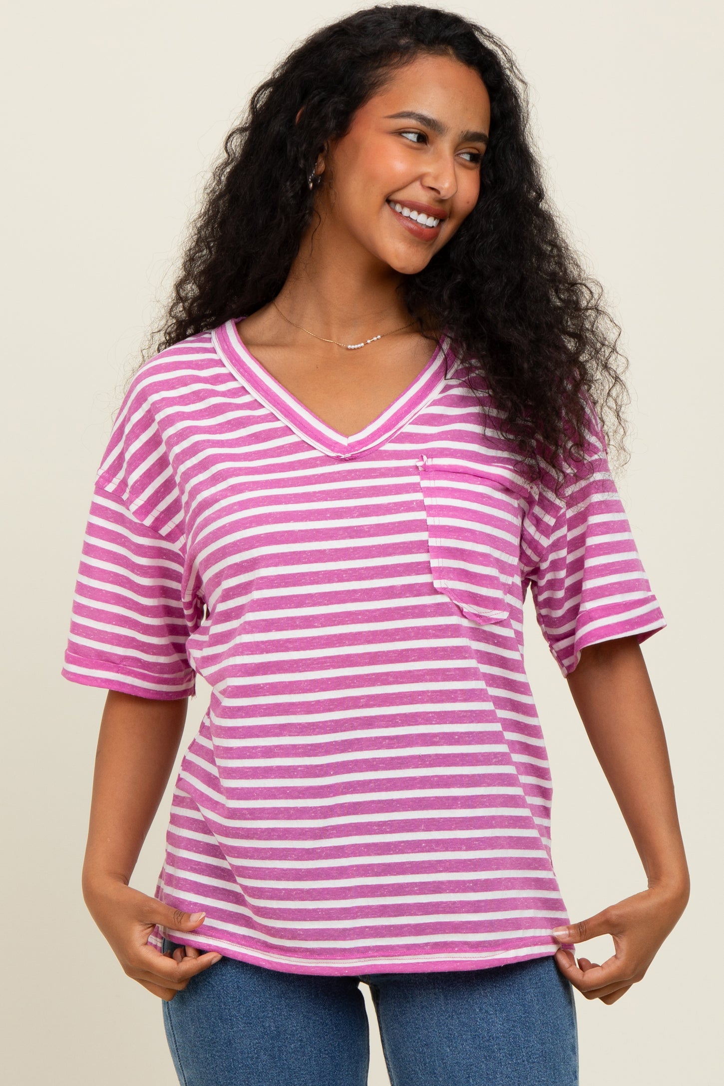 Mauve Striped Oversized V-Neck Front Pocket T-Shirt