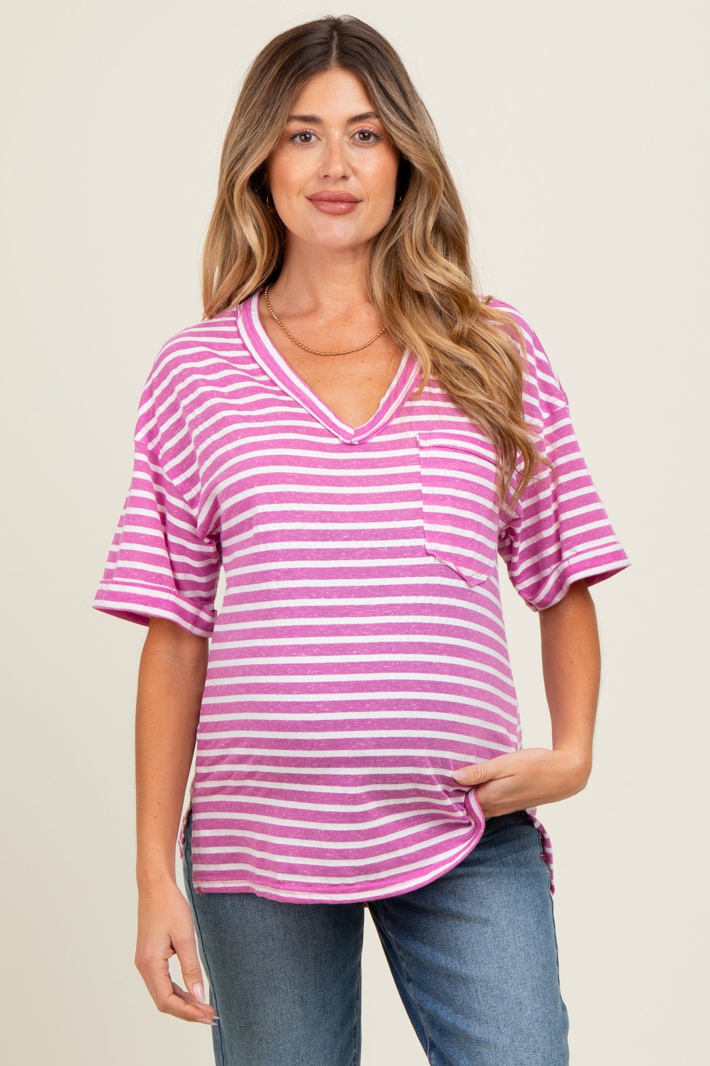 Mauve Striped Oversized V-Neck Front Pocket Maternity T-Shirt