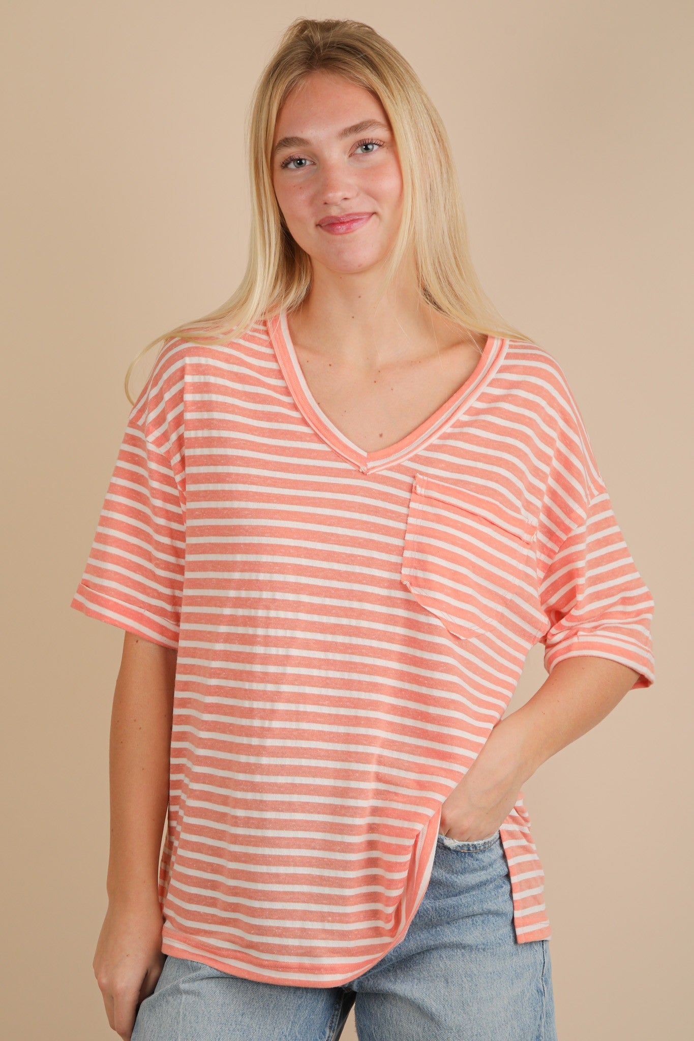 Peach Striped Oversized V-Neck Front Pocket Maternity T-Shirt