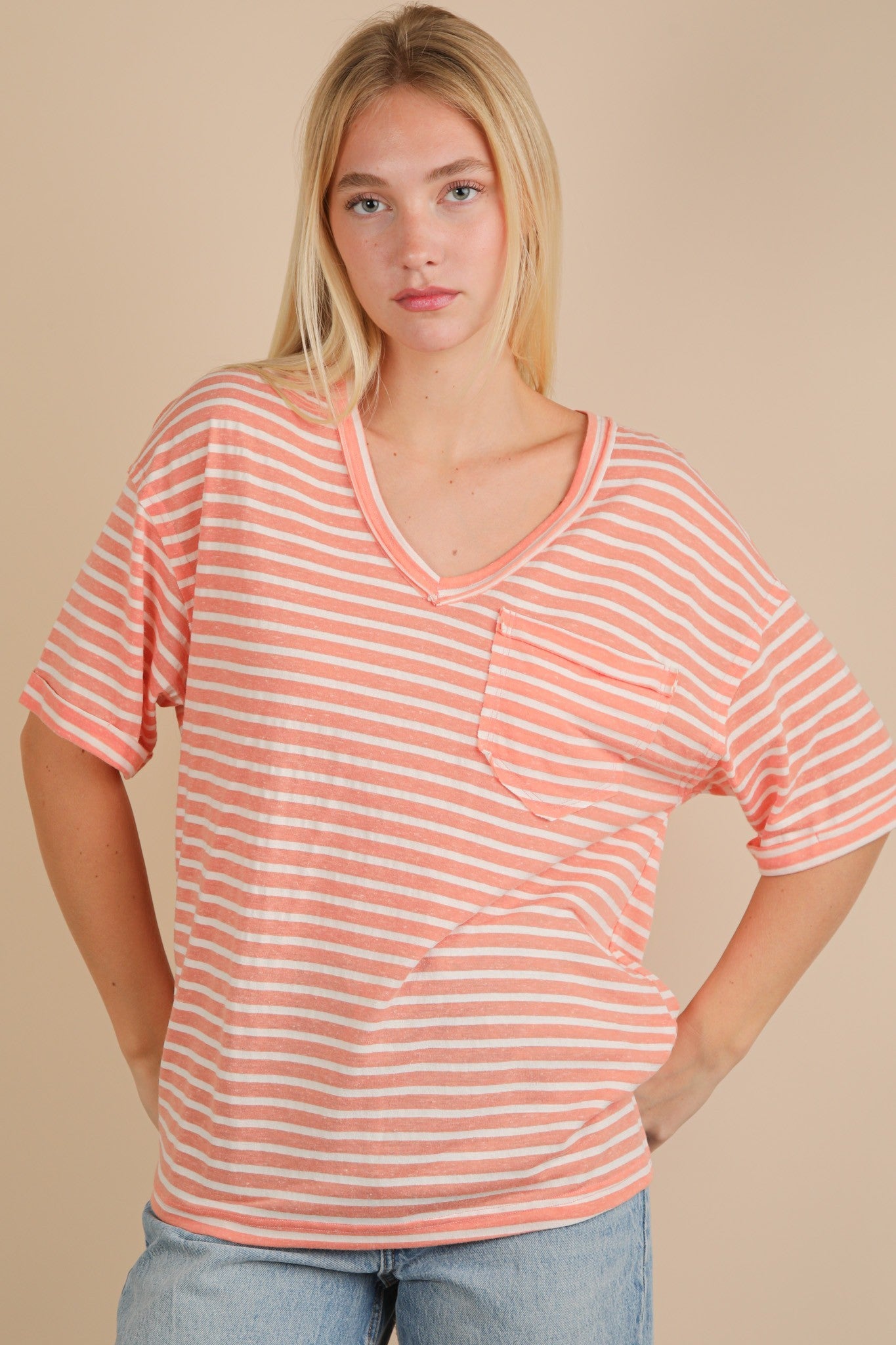 Peach Striped Oversized V-Neck Front Pocket T-Shirt