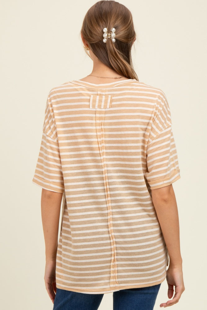 Beige Striped Oversized V-Neck Front Pocket Maternity T-Shirt